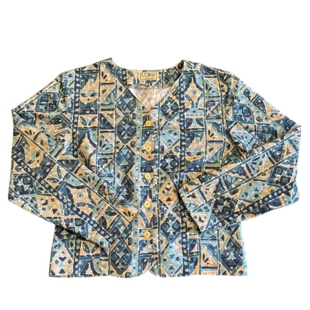 VTG L.L. Bean Jacket Blazer Womens Sz M Geometric Abstract Blue Tan Made in USA
